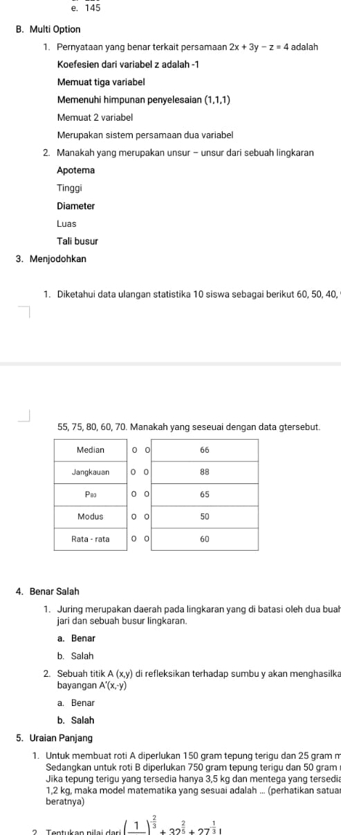 e. 145
B. Multi Option
1. Pernyataan yang benar terkait persamaan 2x+3y-z=4 adalah
Koefesien dari variabel z adalah -1
Memuat tiga variabel
Memenuhi himpunan penyelesaian (1,1,1)
Memuat 2 variabel
Merupakan sistem persamaan dua variabel
2. Manakah yang merupakan unsur - unsur dari sebuah lingkaran
Apotema
Tinggi
Diameter
Luas
Tali busur
3. Menjodohkan
1. Diketahui data ulangan statistika 10 siswa sebagai berikut 60, 50, 40,
55, 75, 80, 60, 70. Manakah yang seseuai dengan data gtersebut.
4. Benar Salah
1. Juring merupakan daerah pada lingkaran yang di batasi oleh dua buah
jari dan sebuah busur lingkaran.
a. Benar
b. Salah
2. Sebuah titik A(x,y) di refleksikan terhadap sumbu y akan menghasilka
bayangan A'(x,-y)
a. Benar
b. Salah
5. Uraian Panjang
1. Untuk membuat roti A diperlukan 150 gram tepung terigu dan 25 gram m
Sedangkan untuk roti B diperlukan 750 gram tepung terigu dan 50 gram
Jika tepung terigu yang tersedia hanya 3,5 kg dan mentega yang tersedia
1,2 kg, maka model matematika yang sesuai adalah ... (perhatikan satuar
beratnya)
_sri(_ 1)^ 2/3 +32^(frac 2)5+27^(frac 1)3|