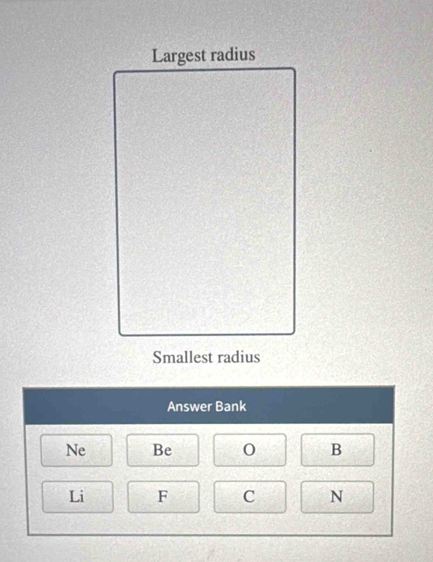 Answer Bank 
Ne 
Be 
0
B
Li 
F
C
N