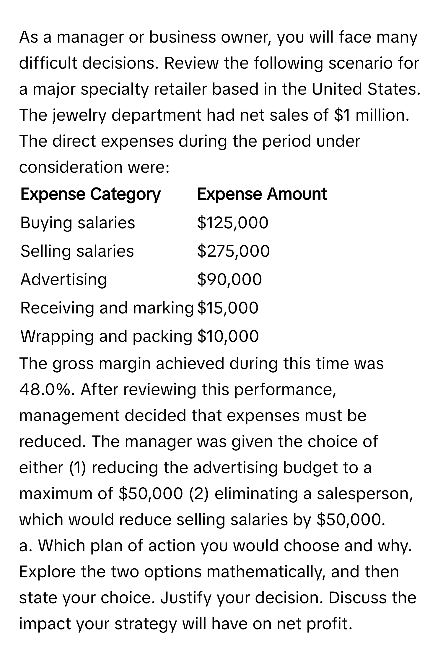 As a manager or business owner, you will face many difficult decisions. Review the following scenario for a major specialty retailer based in the United States. The jewelry department had net sales of $1 million. The direct expenses during the period under consideration were: 

Expense Category | Expense Amount
------- | --------
Buying salaries | $125,000
Selling salaries | $275,000
Advertising | $90,000
Receiving and marking | $15,000
Wrapping and packing | $10,000

The gross margin achieved during this time was 48.0%. After reviewing this performance, management decided that expenses must be reduced. The manager was given the choice of either (1) reducing the advertising budget to a maximum of $50,000 (2) eliminating a salesperson, which would reduce selling salaries by $50,000.

a. Which plan of action you would choose and why. Explore the two options mathematically, and then state your choice. Justify your decision. Discuss the impact your strategy will have on net profit.