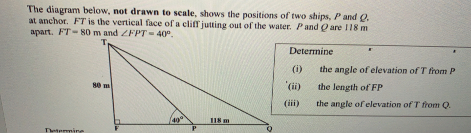 The diagram below, not drawn to scale, shows the positions of two ships, P and Q,
at anchor.  FT is the vertical face of a cliff jutting out of the water.  P and Q are 118 m
apart. FT=80 m and ∠ FPT=40°
Determine
(i)     the angle of elevation of T from P
(ii)    the length of FP
(iii)     the angle of elevation of T from Q.
Determine F P Q