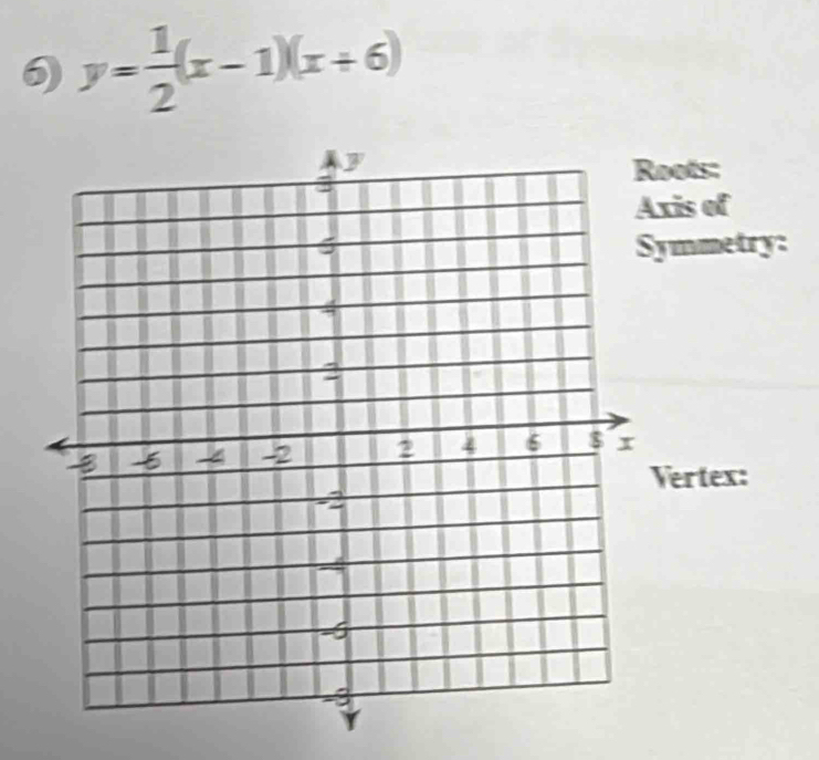 y= 1/2 (x-1)(x+6)
ots: 
is of 
mmetry: 
ertex: