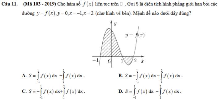 (Mã 103 - 2019) Cho hàm số f(x) liên tục trên Đ . Gọi S là diện tích hình phẳng giới hạn bởi các
đường y=f(x),y=0,x=-1,x=2 (như hình vẽ bên). Mệnh đề nào dưới đây đúng?
A. S=∈tlimits _(-1)^1f(x)dx+∈tlimits _1^2f(x)dx. B. S=-∈tlimits _(-1)^1f(x)dx-∈tlimits _1^2f(x)dx.
C. S=-∈tlimits _(-1)^1f(x)dx+∈tlimits _1^2f(x)dx. S=∈tlimits _(-1)^1f(x)dx-∈tlimits _1^2f(x)dx.
D.