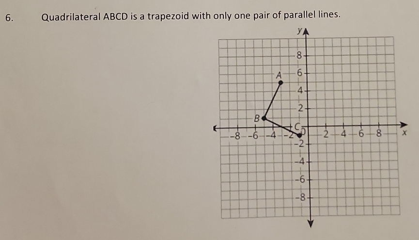 Quadrilateral ABCD is a trapezoid with only one pair of parallel lines.