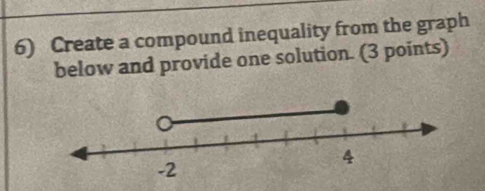 Create a compound inequality from the graph 
below and provide one solution. (3 points)