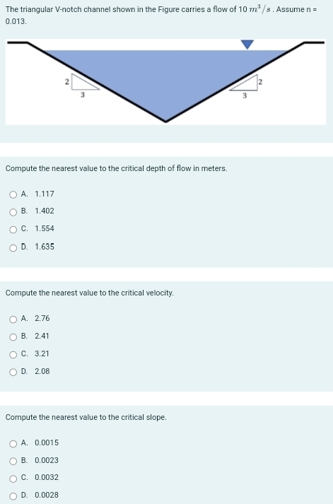Solved: The triangular V -notch channel shown in the Figure carries a ...