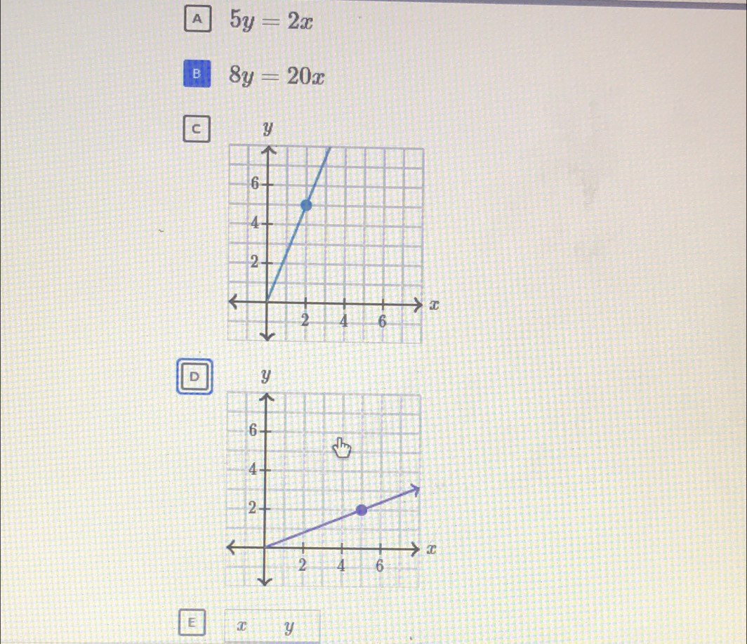 A 5y=2x
B 8y=20x
C
D
E x y