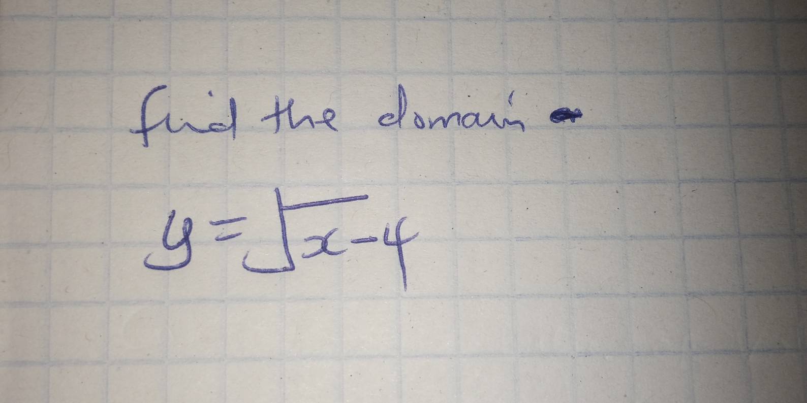 fudt the domau
y=sqrt(x-4)