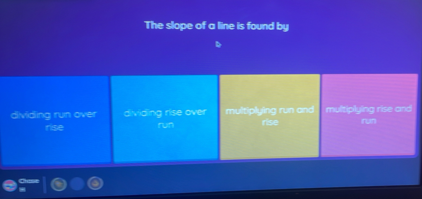 The slope of a line is found by dividing run over dividing rise over ...