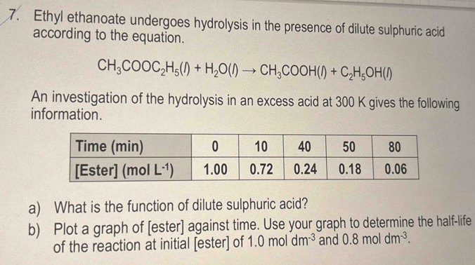 Ethyl ethanoate undergoes hydrolysis in the presence of dilute sulphuric acid
according to the equation.
CH_3COOC_2H_5(l)+H_2O(l)to CH_3COOH(l)+C_2H_5OH(l)
An investigation of the hydrolysis in an excess acid at 300 K gives the following
information.
a) What is the function of dilute sulphuric acid?
b) Plot a graph of [ester] against time. Use your graph to determine the half-life
of the reaction at initial [ester] of.0moldm^(-3) and 0.8moldm^(-3).