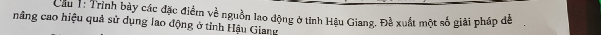 Trình bày các đặc điểm về nguồn lao động ở tỉnh Hậu Giang. Đề xuất một số giải pháp đề 
nâng cao hiệu quả sử dụng lao động ở tỉnh Hậu Giang