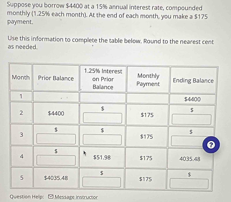 Suppose you borrow $4400 at a 15% annual interest rate, compounded 
monthly (1.25% each month). At the end of each month, you make a $175
payment. 
Use this information to complete the table below. Round to the nearest cent 
as needed. 
Question Help: Message instructor