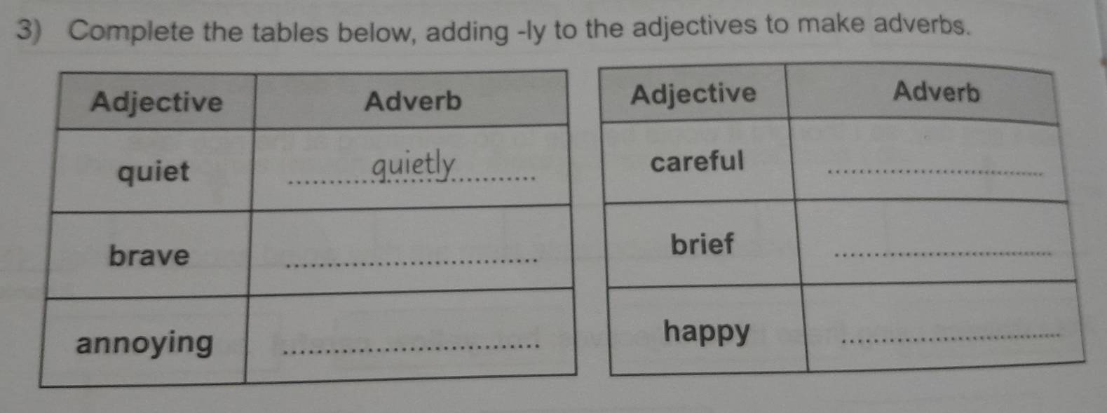 Complete the tables below, adding -ly to the adjectives to make adverbs.