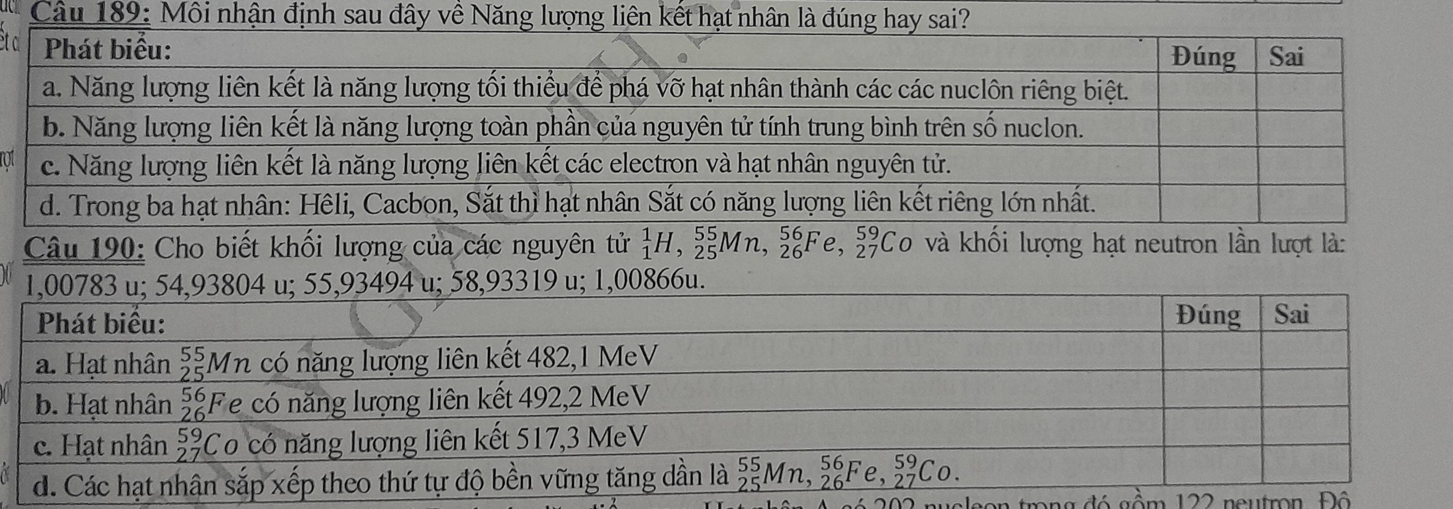 Cho biết khối lượng của các nguyên tử _1^1H,_(25)^(55)Mn,_(26)^(56)Fe,_(27)^(59)Co và khối lượng hạt neutron lần lượt là:
nucleon trong đó gồm 122 neutron. Đô