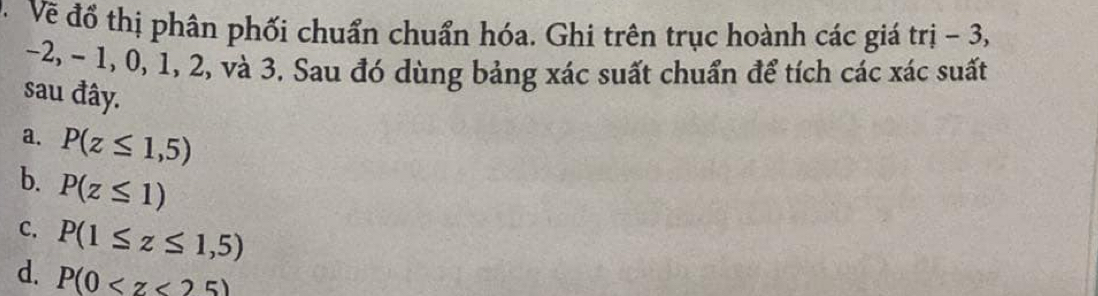 Về đổ thị phân phối chuẩn chuẩn hóa. Ghi trên trục hoành các giá trị -3
-2, ~ 1, 0, 1, 2, và 3. Sau đó dùng bảng xác suất chuẩn để tích các xác suất
sau đây.
a. P(z≤ 1,5)
b. P(z≤ 1)
C. P(1≤ z≤ 1,5)
d. P(0