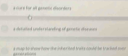 a cure for all genetic disorders 
a detailed understanding of genet c dieases 
a map to show how the inherited traits could be tracked over 
generations