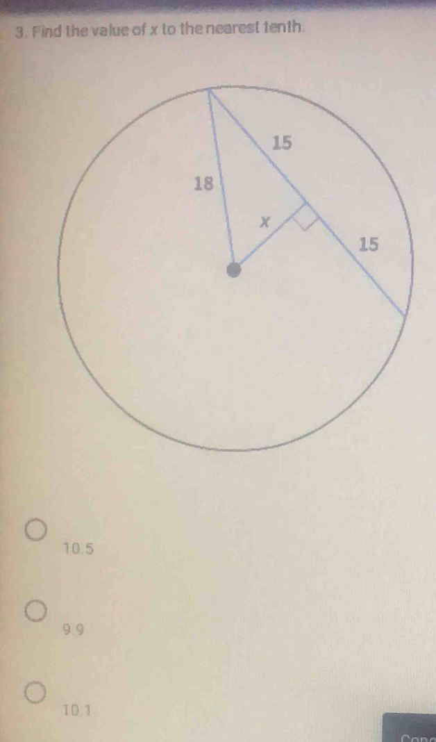 Find the value of x to the nearest tenth.
10.5
9.9
10.1