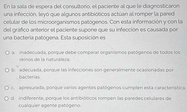 En la sala de espera del consultorio, el paciente al que le diagnosticaron
una infección, leyó que algunos antibióticos actúan al romper la pared
celular de los microorganismos patógenos. Con esta información y con la
del gráfico anterior el paciente supone que su infección es causada por
una bacteria patógena. Esta suposición es
a. inadecuada, porque debe comparar organismos patógenos de todos los
reinos de la naturaleza.
b. adecuada, porque las infecciones son generalmente ocasionadas por
bacterias.
c. apresurada, porque varios agentes patógenos cumplen esta característica.
d. indiferente, porque los antibióticos rompen las paredes celulares de
cualquier agente patógeno.