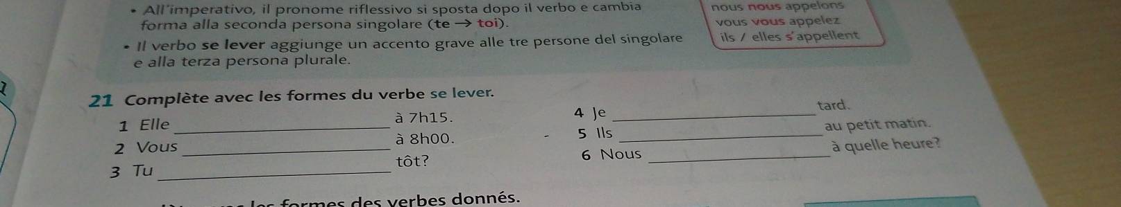 All imperativo, il pronome riflessivo si sposta dopo il verbo e cambia nous nous appelons 
forma alla seconda persona singolare (te → toi). vous vous appelez 
Il verbo se lever aggiunge un accento grave alle tre persone del singolare ils / elles s'appellent 
e alla terza persona plurale. 
I 
21 Complète avec les formes du verbe se lever. 
4 Je _tard. 
1 Elle _à 7h15. 
5 Ils _au petit matin. 
2 Vous à 8h00. 
3 Tu __tôt? _à quelle heure? 
6 Nous 
es formes des verbes donnés.