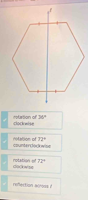 rotation of 36°
clockwise
rotation of 72°
counterclockwise
rotation of 72°
clockwise
reflection across !