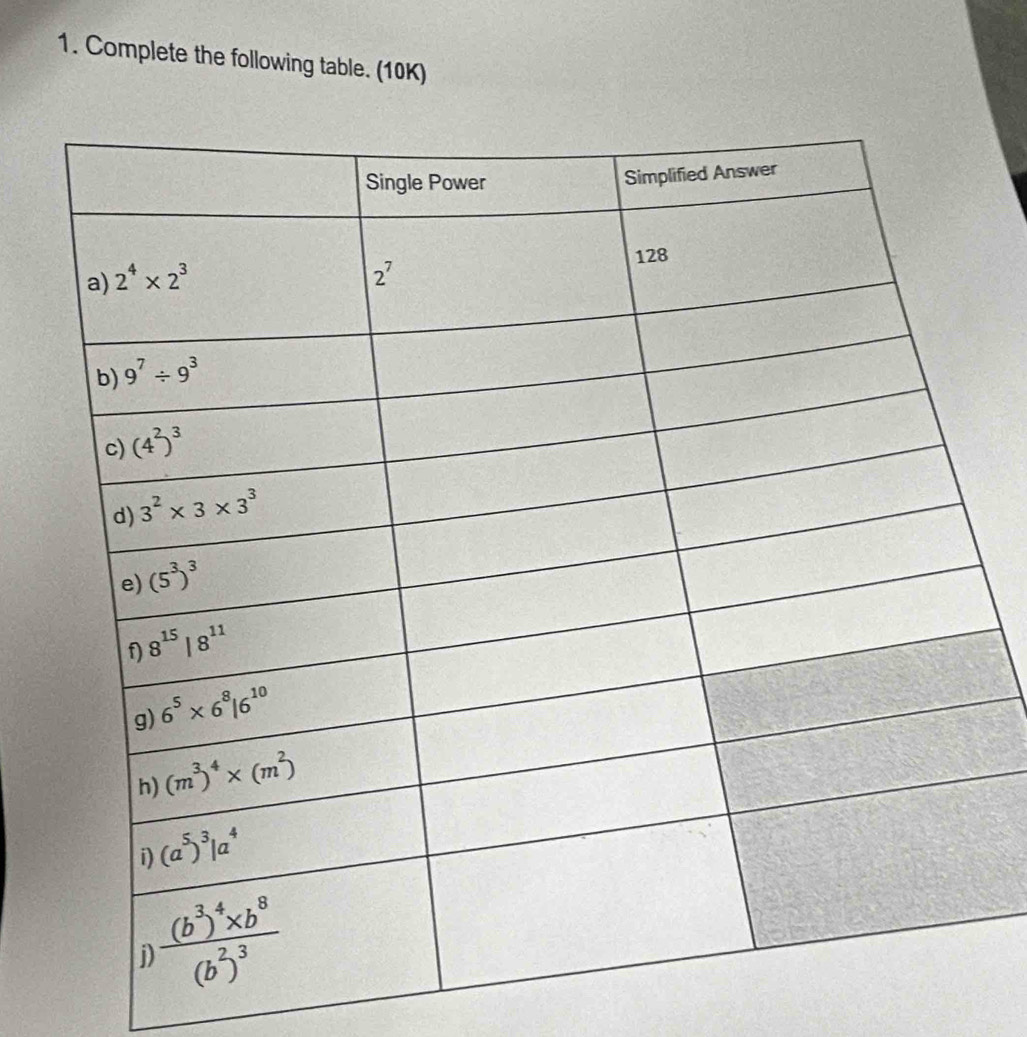 Complete the following table. (10K)