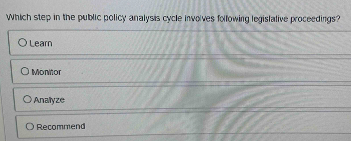 Which step in the public policy analysis cycle involves following legislative proceedings? 
Learn 
Monitor 
Analyze 
Recommend