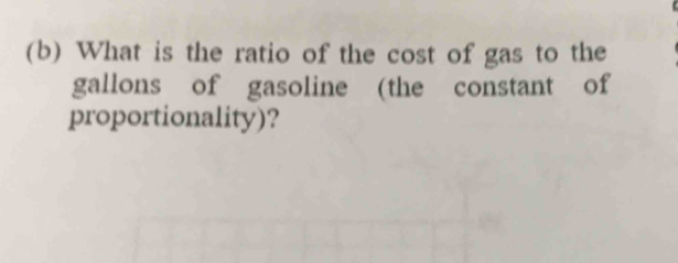 What is the ratio of the cost of gas to the 
gallons of gasoline (the constant of 
proportionality)?