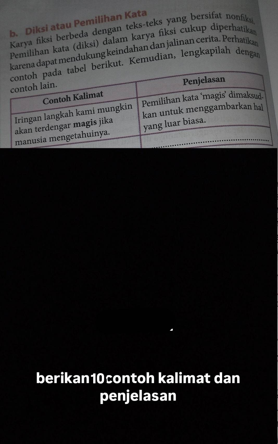 Diksi atau Pemilihan Kata 
Karya fiksi berbeda dengan teks-teks yang bersifat nonfiksi. 
Pemilihan kata (diksi) dalam karya fiksi cukup diperhatikam 
karena dapat mendukung keindahan dan jalinan cerita. Perhatikan 
berikut. Kemudian, lengkapilah dengan 
berikan10contoh kalimat dan 
penjelasan