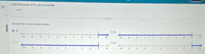 Select the graph of the given inequality
x≥ 8
Choose the correct answer below