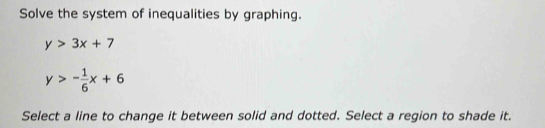 Solve the system of inequalities by graphing.
y>3x+7
y>- 1/6 x+6
Select a line to change it between solid and dotted. Select a region to shade it.