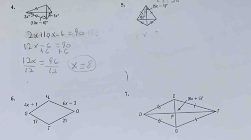 (5x-1)^circ 
8x°

6. 7.