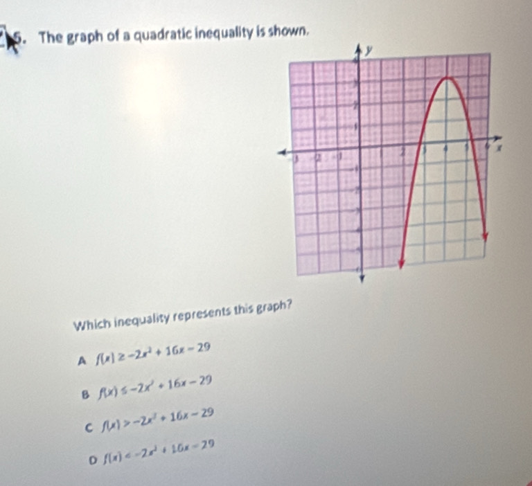 The graph of a quadratic inequality is shown.
Which inequality represents this graph?
A f(x)≥ -2x^2+16x-29
B f(x)≤ -2x^2+16x-29
C f(x)>-2x^2+16x-29
f(x)