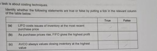 task is about costing techniques. 
ldentify whether the following statements are true or false by putting a tick in the relevant column 
of the table below.