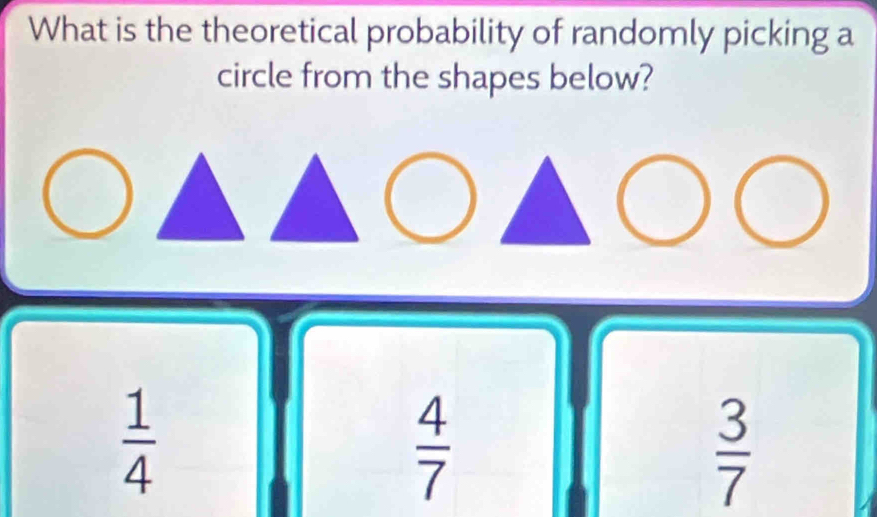 What is the theoretical probability of randomly picking a
circle from the shapes below?
 1/4 
 4/7 
 3/7 