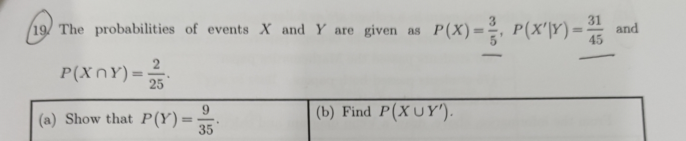 The probabilities of events X and Y are given as P(X)= 3/5 , P(X'|Y)= 31/45  and
P(X∩ Y)= 2/25 . 
(a) Show that P(Y)= 9/35 . (b) Find P(X∪ Y').