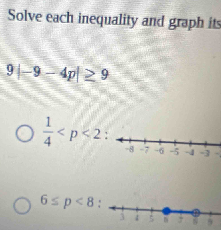 Solve each inequality and graph its
9|-9-4p|≥ 9
 1/4 
-
6≤ p<8</tex>: