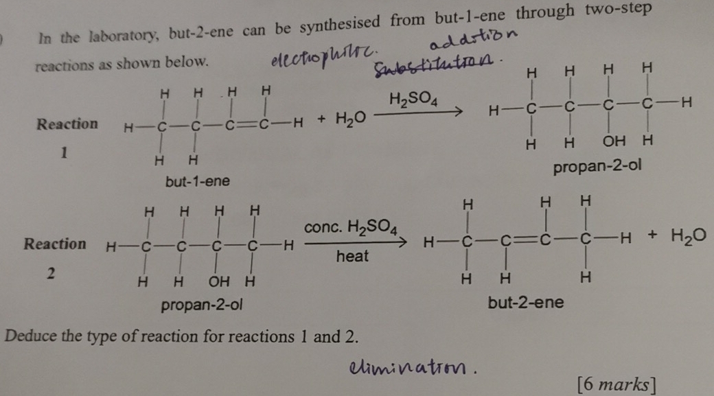 In the laboratory, but -2 -ene can be synthesised from but -1 -ene through two-step 
reactions as shown below.
H_2SO_4
Reaction +H_2O
1 
but -1 -ene propan -2 -ol
H H H H
conc. H_2SO_4
Reaction H C C C C H +H_2O
heat 
2
H H OH H
propan -2 -ol but -2 -ene 
Deduce the type of reaction for reactions 1 and 2. 
minatm . 
[6 marks]