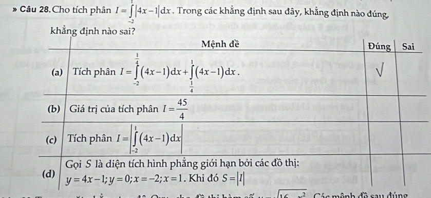 Câu 28.Cho tích phân I=∈tlimits _(-2)^2|4x-1|dx. Trong các khẳng định sau đây, khẳng định nào đúng,
khẳng định nào sai?
sqrt(16x^2) Các mệnh đề sau đúng