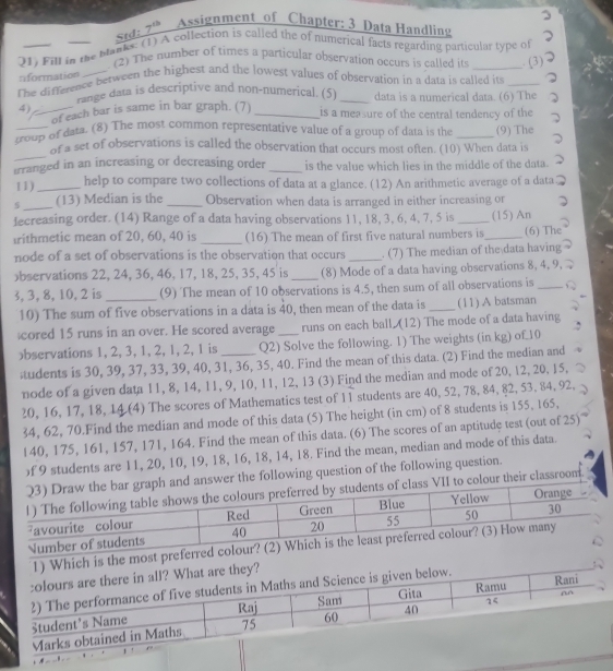 Std: 7^(th) Assignment of Chapter: 3 Data Handling
71) Fill in the Manks: (1) A collection is called the of numerical facts regarding particular type of 2
.(2) The number of times a particular observation occurs is called its
nformation
The difference between the highest and the lowest values of observation in a data is called its _. (3)
range data is descriptive and non-numerical. (5) _data is a numerical data. (6) The ~
4) __is a measure of the central tendency of the
of each bar is same in bar graph. (7)
troup of data. (8) The most common representative value of a group of data is the _(9) The
_
of a set of observations is called the observation that occurs most often. (10) When data is
irranged in an increasing or decreasing order _is the value which lies in the middle of the data.
11)_ help to compare two collections of data at a glance. (12) An arithmetic average of a data
_
(13) Median is the _Observation when data is arranged in either increasing or
lecreasing order. (14) Range of a data having observations 11, 18, 3, 6, 4, 7, 5 is _(15) An
trithmetic mean of 20, 60, 40 is _(16) The mean of first five natural numbers is_ (6) The
node of a set of observations is the observation that occurs _. (7) The median of the data having
bservations 22, 24, 36, 46, 17, 18, 25, 35, 45 is_ (8) Mode of a data having observations 8, 4, 9, 
3, 3, 8, 10, 2 is _(9) The mean of 10 observations is 4.5, then sum of all observations is _C
10) The sum of five observations in a data is 40, then mean of the data is _(11) A batsman
cored 15 runs in an over. He scored average _runs on each ball. (12) The mode of a data having
bservations 1, 2, 3, 1, 2, 1, 2, 1 is Q2) Solve the following. 1) The weights (in kg) of 10
tudents is 30, 39, 37, 33, 39, 40, 31, 36, 35, 40. Find the mean of this data. (2) Find the median and
node of a given data 11, 8, 14, 11, 9, 10, 11, 12, 13 (3) Find the median and mode of 20, 12, 20, 15,
20, 16, 17, 18, 14 (4) The scores of Mathematics test of 11 students are 40, 52, 78, 84, 82, 53, 84, 92,
34, 62, 70.Find the median and mode of this data (5) The height (in cm) of 8 students is 155, 165,
140, 175, 161, 157, 171, 164. Find the mean of this data. (6) The scores of an aptitude test (out of 25)
f 9 students are 11, 20, 10, 19, 18, 16, 18, 14, 18. Find the mean, median and mode of this data.
owing question of the following question.
lassroom.
most preferred co