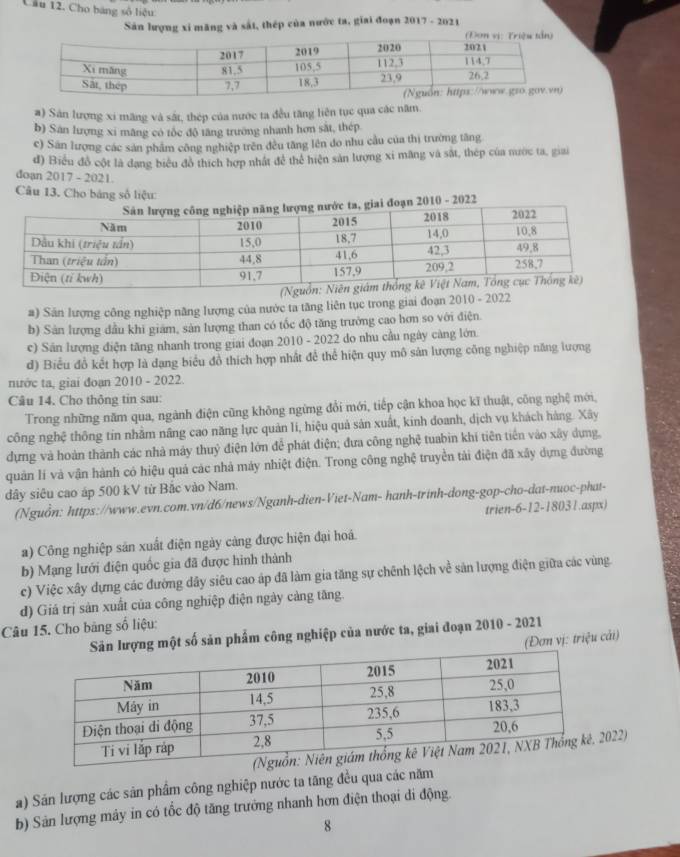 Câu 12, Cho bảng số liệu
Sân lượng xỉ mãng và sắt, thép của nước ta, giai đoạn 2017 - 2021
#) Sản lượng xi mãng và sắt, thép của nước ta đều tăng liên tục qua các năm.
b) Sản lượng xi mãng có tốc độ tăng trường nhanh hơn sắt, thép
c) Sân lượng các sản phẩm công nghiệp trên đều tăng lên đo nhu cầu của thị trường tăng
đ) Biểu đồ cột là đạng biểu đô thích hợp nhất đề thể hiện sản lượng xỉ mãng và sắt, thép của nước ta, giai
doạn 2017 - 2021.
Câu 13. Cho bảng số liệu:
#) Săn lượng công nghiệp năng lượng của nước ta tăng liên tục trong giai đoạn 2010 - 2022
b) Sản lượng dầu khi giám, sản lượng than có tốc độ tăng trưởng cao hơn so với điện.
c) Sân lượng điện tăng nhanh trong giai đoạn 2010 - 2022 do nhu cầu ngày càng lớn.
d) Biểu đồ kết hợp là dạng biểu đồ thích hợp nhất để thể hiện quy mô sản lượng công nghiệp năng lượng
nước ta, giai đoạn 2010 - 2022.
Câu 14. Cho thông tin sau:
Trong những năm qua, ngành điện cũng không ngừng đổi mới, tiếp cận khoa học kĩ thuật, công nghệ mới,
công nghệ thông tin nhằm nâng cao năng lực quản li, hiệu quả sản xuất, kinh doanh, dịch vụ khách hàng. Xây
dựng và hoàn thành các nhà máy thuỷ điện lớn để phát điện; đưa công nghệ tuabin khí tiên tiền vào xây dựng,
quản lí và vận hành có hiệu quả các nhà máy nhiệt điện. Trong công nghệ truyền tài điện đã xây dựng đường
dây siêu cao áp 500 kV từ Bắc vào Nam.
(Nguồn: https://www.evn.com.vn/d6/news/Nganh-dien-Viet-Nam- hanh-trinh-dong-gop-cho-dat-nuoc-phat-
trien-6-12-18031.aspx)
a) Công nghiệp sản xuất điện ngày cảng được hiện đại hoá.
b) Mạng lưới điện quốc gia đã được hình thành
c) Việc xây dựng các đường dây siêu cao áp đã làm gia tăng sự chênh lệch về sản lượng điện giữa các vùng.
d) Giá trị sản xuất của công nghiệp điện ngày cảng tăng.
Câu 15. Cho bảng số liệu:
ợng một số sản phẩm công nghiệp của nước ta, giai đoạn 2010 - 2021
(Đơn vị: triệu cải)
022)
a) Sán lượng các sản phẩm công nghiệp nước ta tăng đều qua các năm
b) Sản lượng máy in có tổc độ tăng trưởng nhanh hơn điện thoại di động.
8