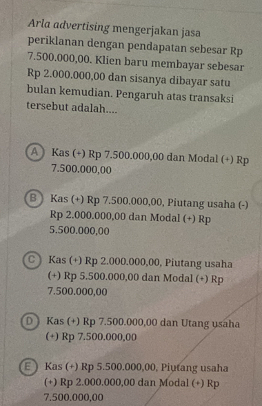 Arla advertising mengerjakan jasa
periklanan dengan pendapatan sebesar Rp
7.500.000,00. Klien baru membayar sebesar
Rp 2.000.000,00 dan sisanya dibayar satu
bulan kemudian. Pengaruh atas transaksi
tersebut adalah....
A Kas (+) Rp 7.500.000,00 dan Modal (+) Rp
7.500.000,00
B Kas (+) Rp 7.500.000,00, Piutang usaha (-)
Rp 2.000.000,00 dan Modal (+) Rp
5.500.000,00
C Kas (+) Rp 2.000.000,00, Piutang usaha
(+) Rp 5.500.000,00 dan Modal (+) Rp
7.500.000,00
D Kas (+) Rp 7.500.000,00 dan Utang usaha
(+) Rp 7.500.000,00
E ) Kas (+) Rp 5.500.000,00, Piutang usaha
(+) Rp 2.000.000,00 dan Modal (+) Rp
7.500.000,00