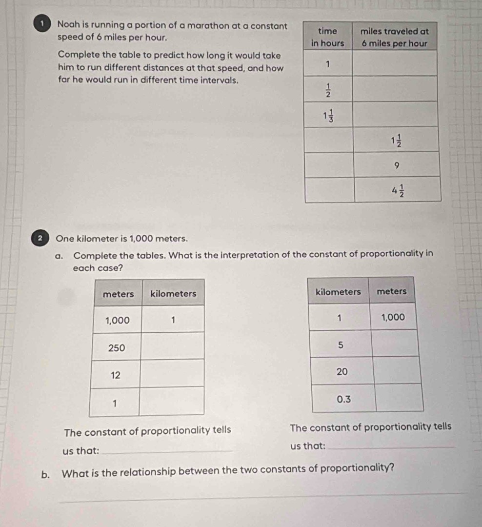 Noah is running a portion of a marathon at a constant
speed of 6 miles per hour.
Complete the table to predict how long it would take
him to run different distances at that speed, and how
far he would run in different time intervals.
2 One kilometer is 1,000 meters.
a. Complete the tables. What is the interpretation of the constant of proportionality in
each case?
 
 
 
The constant of proportionality tells The constant of proportionality tells
us that:_ us that:_
b. What is the relationship between the two constants of proportionality?
_