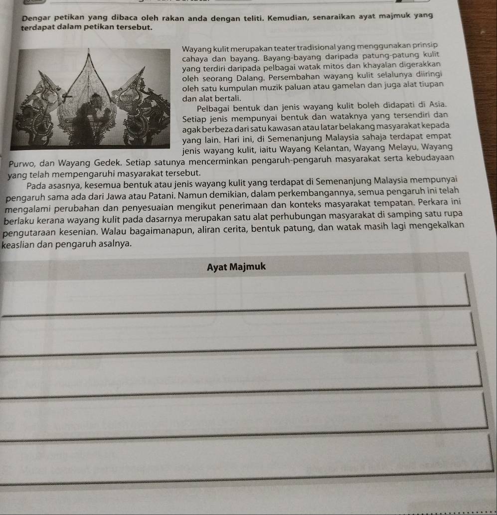 Dengar petikan yang dibaca oleh rakan anda dengan teliti. Kemudian, senaraikan ayat majmuk yang
terdapat dalam petikan tersebut.
Wayang kulit merupakan teater tradisional yang menggunakan prinsip
cahaya dan bayang. Bayang-bayang daripada patung-patung kulit
ang terdiri daripada pelbagai watak mitos dan khayalan digerakkan
oleh seorang Dalang. Persembahan wayang kulit selalunya diiringi
oleh satu kumpulan muzik paluan atau gamelan dan juga alat tiupan
dan alat bertali.
Pelbagai bentuk dan jenis wayang kulit boleh didapati di Asia.
Setiap jenis mempunyai bentuk dan wataknya yang tersendiri dan
agak berbeza dari satu kawasan atau latar belakang masyarakat kepada
yang lain. Hari ini, di Semenanjung Malaysia sahaja terdapat empat
jenis wayang kulit, iaitu Wayang Kelantan, Wayang Melayu, Wayang
Purwo, dan Wayang Gedek. Setiap satunya mencerminkan pengaruh-pengaruh masyarakat serta kebudayaan
yang telah mempengaruhi masyarakat tersebut.
Pada asasnya, kesemua bentuk atau jenis wayang kulit yang terdapat di Semenanjung Malaysia mempunyai
pengaruh sama ada dari Jawa atau Patani. Namun demikian, dalam perkembangannya, semua pengaruh inī telah
mengalami perubahan dan penyesuaian mengikut penerimaan dan konteks masyarakat tempatan. Perkara ini
berlaku kerana wayang kulit pada dasarnya merupakan satu alat perhubungan masyarakat di samping satu rupa
pengutaraan kesenian. Walau bagaimanapun, aliran cerita, bentuk patung, dan watak masih lagi mengekalkan
keaslian dan pengaruh asalnya.
Ayat Majmuk