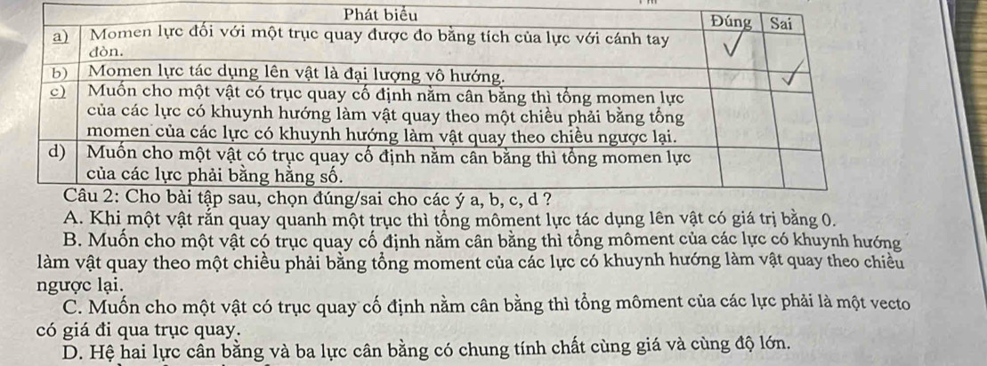 A. Khi một vật rắn quay quanh một trục thì tổng môment lực tác dụng lên vật có giá trị bằng 0.
B. Muốn cho một vật có trục quay cố định nằm cân bằng thì tổng môment của các lực có khuynh hướng
làm vật quay theo một chiều phải bằng tổng moment của các lực có khuynh hướng làm vật quay theo chiều
ngược lại.
C. Muốn cho một vật có trục quay cố định nằm cân bằng thì tổng môment của các lực phải là một vecto
có giá đi qua trục quay.
D. Hệ hai lực cân bằng và ba lực cân bằng có chung tính chất cùng giá và cùng độ lớn.