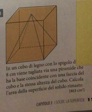 In un cubo di legno con lo spigolo d.
8 cm viene tagliata via una piramide che 
ha la base coincidente con una faccia del 
cubo e la stessa altezza del cubo. Calcola 
l’area della superficie del solido rimasto.
[463cm^2]
CAPITOLO 3 I SOLIDI. LA SUPERFICIE 1