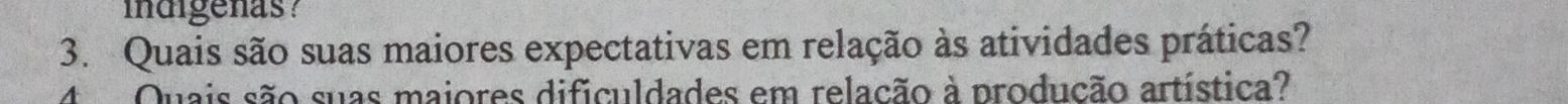 indigenas? 
3. Quais são suas maiores expectativas em relação às atividades práticas? 
4 Quais são suas majores dificuldades em relação à produção artística?