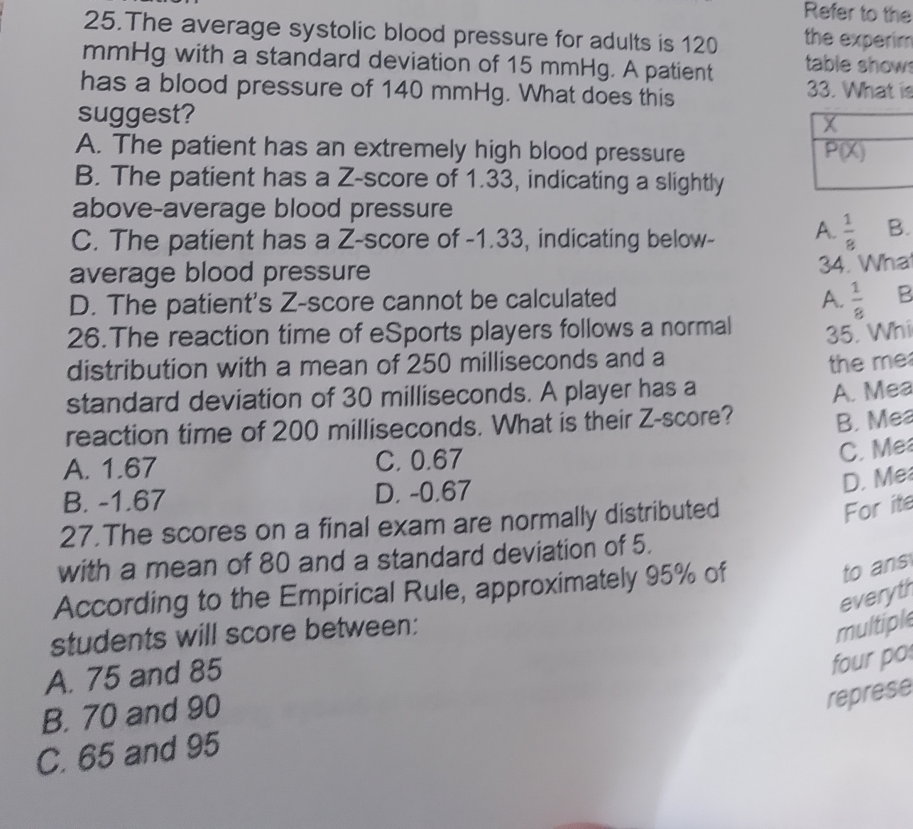 Refer to the
25.The average systolic blood pressure for adults is 120
the experim
mmHg with a standard deviation of 15 mmHg. A patient
table show
has a blood pressure of 140 mmHg. What does this
33. What is
suggest?
A. The patient has an extremely high blood pressure
B. The patient has a Z-score of 1.33, indicating a slightly
above-average blood pressure
C. The patient has a Z-score of -1.33, indicating below-
A.  1/8  B.
average blood pressure
34. Wha
D. The patient's Z-score cannot be calculated A.  1/8  B
26.The reaction time of eSports players follows a normal
35. Whi
distribution with a mean of 250 milliseconds and a
the me
standard deviation of 30 milliseconds. A player has a
A. Mea
reaction time of 200 milliseconds. What is their Z-score?
B. Mea
A. 1.67 C. 0.67
C. Me
B. -1.67 D. -0.67
D. Me
27.The scores on a final exam are normally distributed
For ite
with a mean of 80 and a standard deviation of 5.
According to the Empirical Rule, approximately 95% of
to ans
everyth
students will score between:
multiple
A. 75 and 85
four po
B. 70 and 90
represe
C. 65 and 95