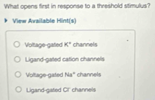 What opens first in response to a threshold stimulus?
View Available Hint(s)
Voltage-gated K^+ channels
Ligand-gated cation channels
Voltage-gated Na^+ channels
Ligand-gated CI'' channels