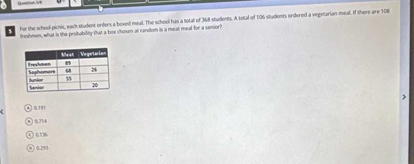 Question S/8
For the school picnic, each student orders a boxed meal. The school has a total of 368 students. A total of 106 students ordered a vegetarian meal. If there are 108
freshmen, what is the probability that a box chosen at random is a meat meal for a senior?
A 0.191
00.714
© 0.136
o 0.293