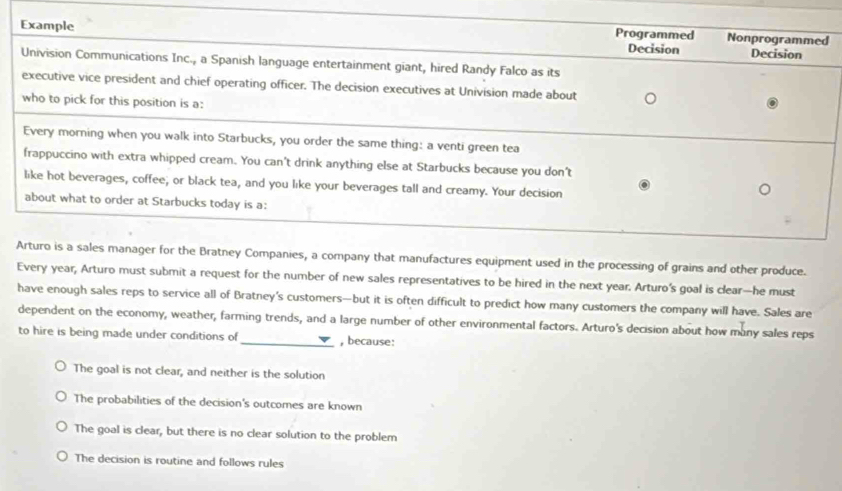 Example Programmed Nonprogrammed
Decision Decision
Univision Communications Inc., a Spanish language entertainment giant, hired Randy Falco as its
executive vice president and chief operating officer. The decision executives at Univision made about
who to pick for this position is a:
Every morning when you walk into Starbucks, you order the same thing: a venti green tea
frappuccino with extra whipped cream. You can't drink anything else at Starbucks because you don't
like hot beverages, coffee, or black tea, and you like your beverages tall and creamy. Your decision
about what to order at Starbucks today is a:
Arturo is a sales manager for the Bratney Companies, a company that manufactures equipment used in the processing of grains and other produce.
Every year, Arturo must submit a request for the number of new sales representatives to be hired in the next year. Arturo’s goal is clear—he must
have enough sales reps to service all of Bratney’s customers—but it is often difficult to predict how many customers the company will have. Sales are
dependent on the economy, weather, farming trends, and a large number of other environmental factors. Arturo's decision about how many sales reps
to hire is being made under conditions of_ , because:
The goal is not clear, and neither is the solution
The probabilities of the decision's outcomes are known
The goal is clear, but there is no clear solution to the problem
The decision is routine and follows rules