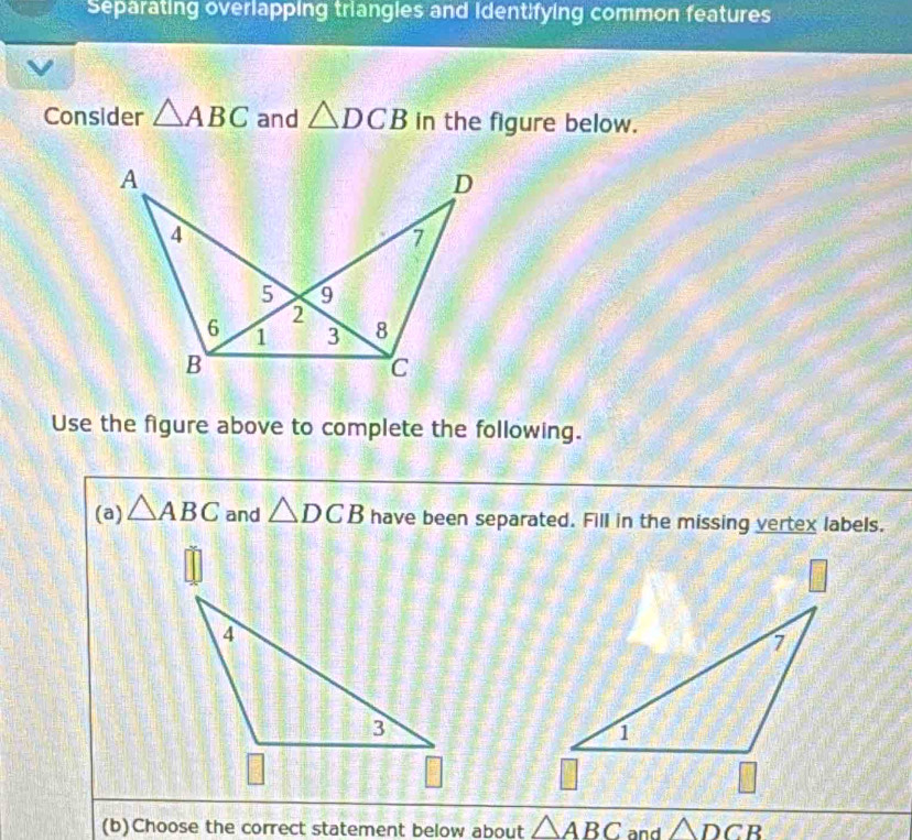 Separating overlapping triangles and identifying common features
Consider △ ABC and △ DCB in the figure below.
Use the figure above to complete the following.
(a) △ ABC and △ DCB have been separated. Fill in the missing vertex labels.
(b)Choose the correct statement below about △ ABC and △ DCB